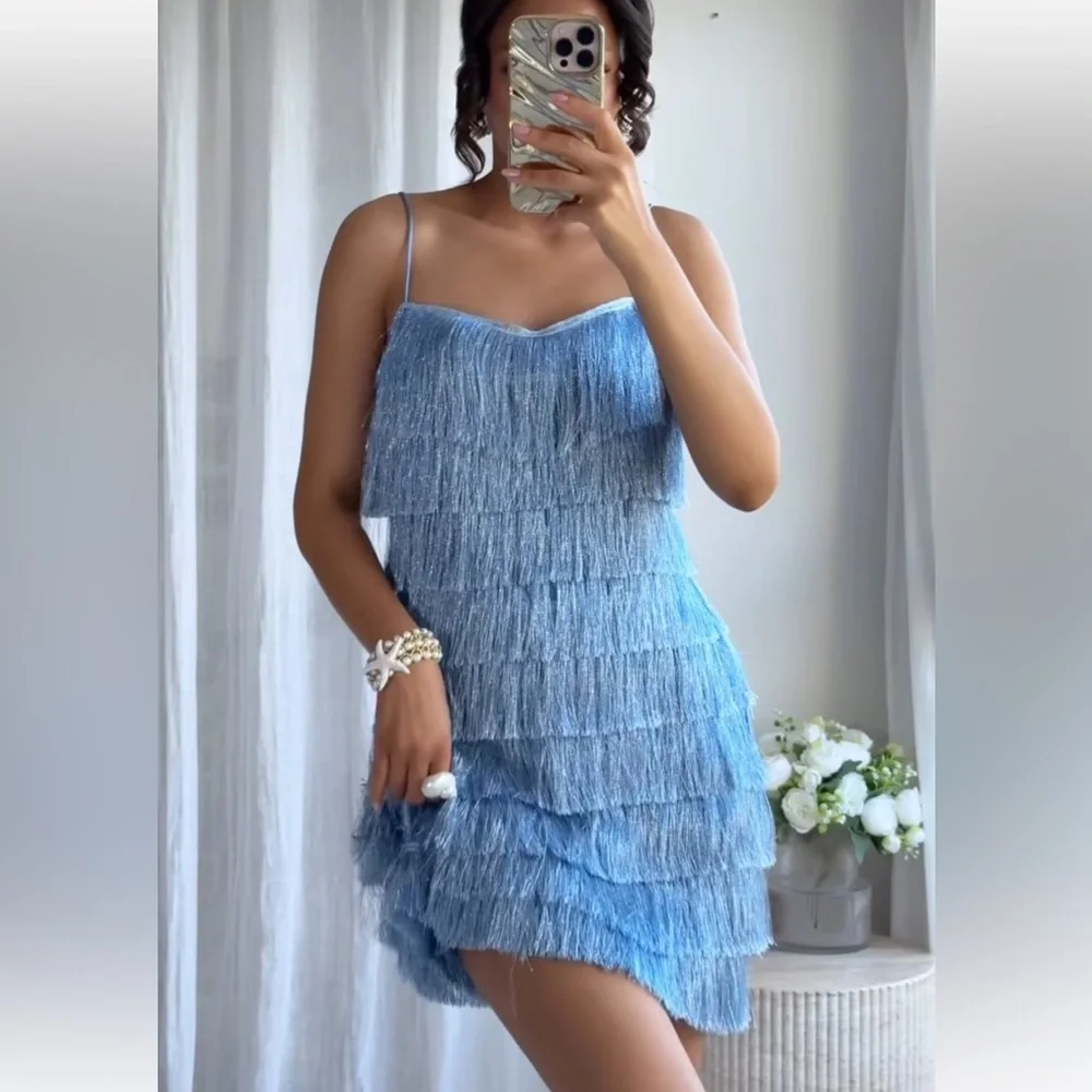 Zara Light Blue metallic Fringe Mini Dress - Picture 10 of 16